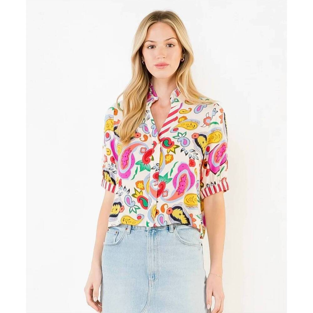 NEW THML printed v-neck button stripe cuff top in multi
